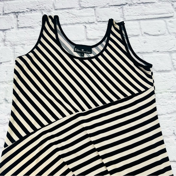 Ellen Parker L Tank Maxi Dress Black and Tan Striped Asymetrical Chiffon Trim - Picture 2 of 8